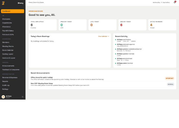 Binary Co-working HRM dashboard showing attendance and room bookings